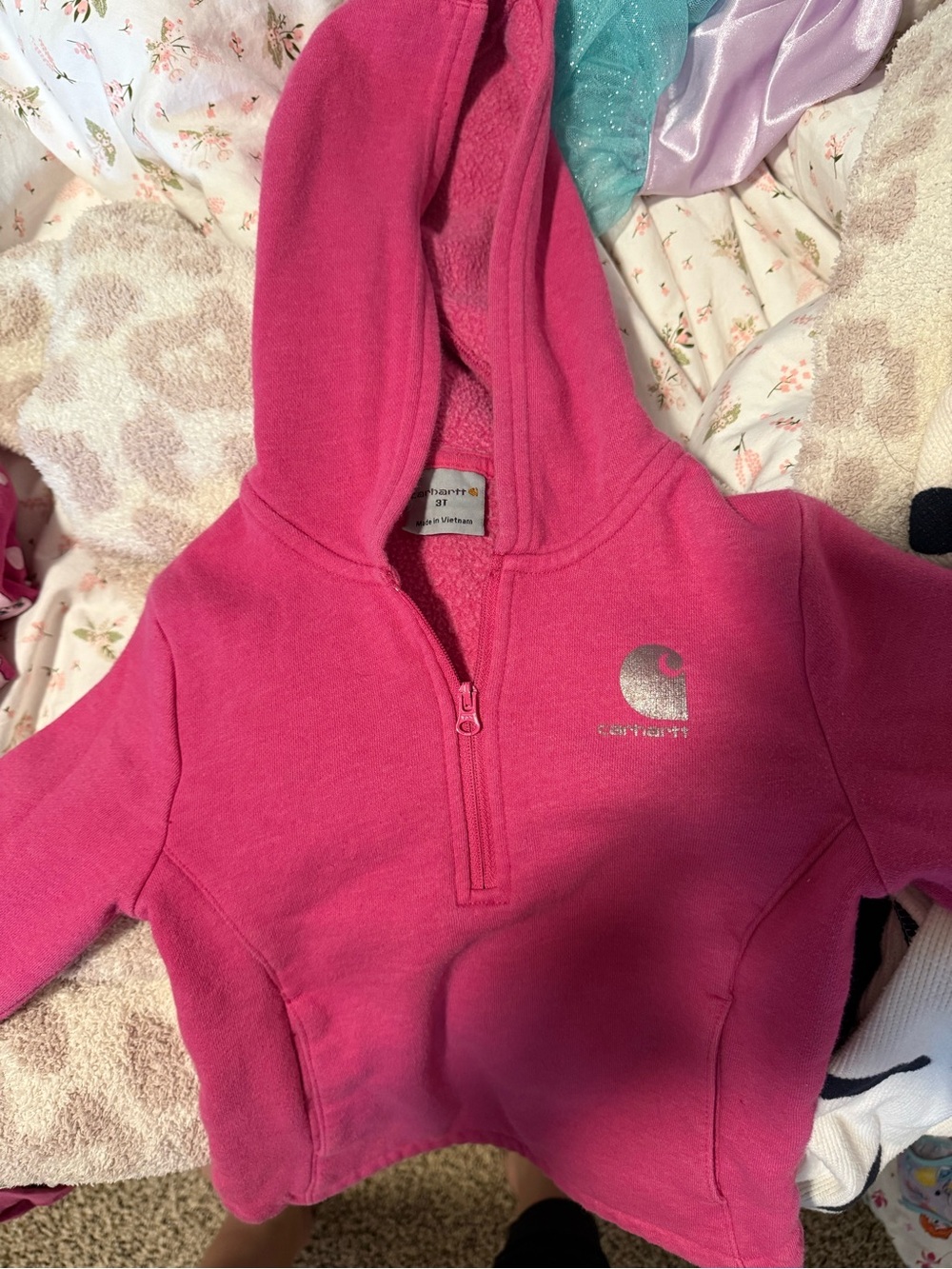 Carhartt Girls Hot Pink Half-Zip Hooded Sweatshirt 3T gently worn